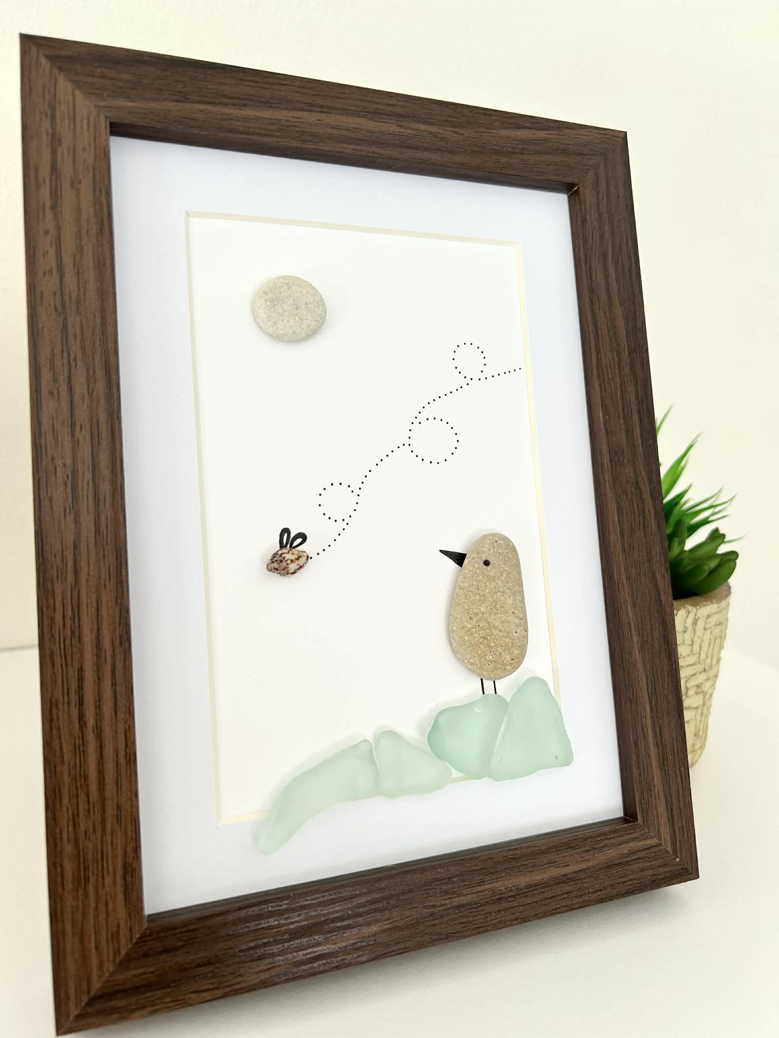 Seaglass Bird Art | Cute Seashell Bug & Bird Pebble Picture | Framed Gift
