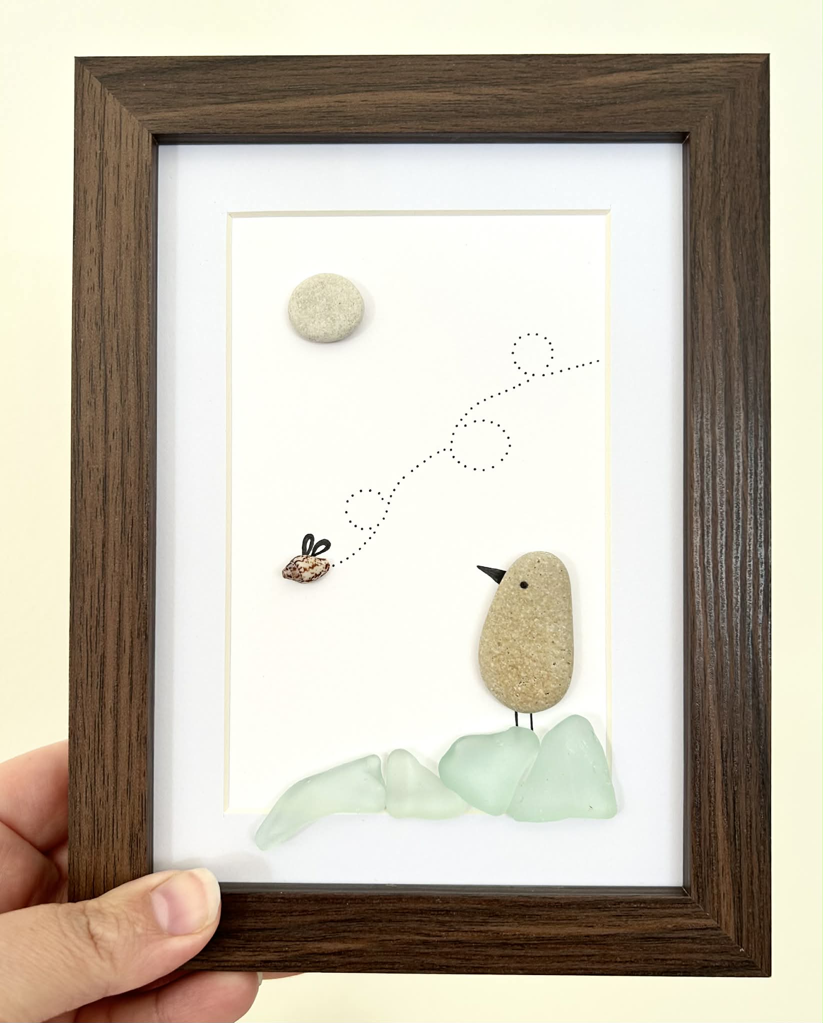 Seaglass Bird Art | Cute Seashell Bug & Bird Pebble Picture | Framed Gift